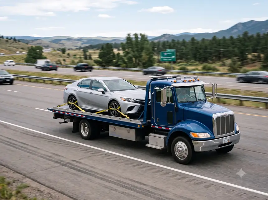 A tow truck hauling a car down the road