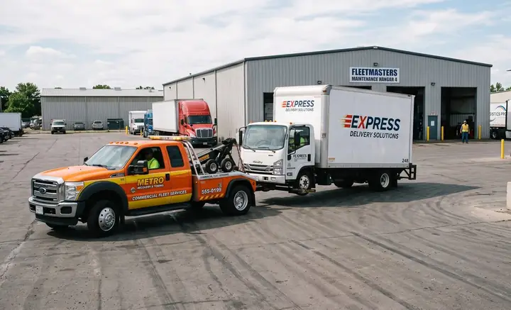 A tow truck towing a commercial box truck for a fleet account