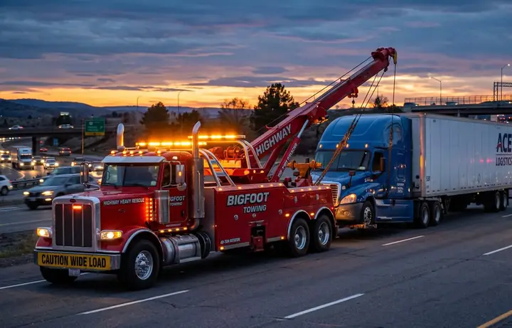 A heavy-duty rotator tow truck towing a semi truck at dusk