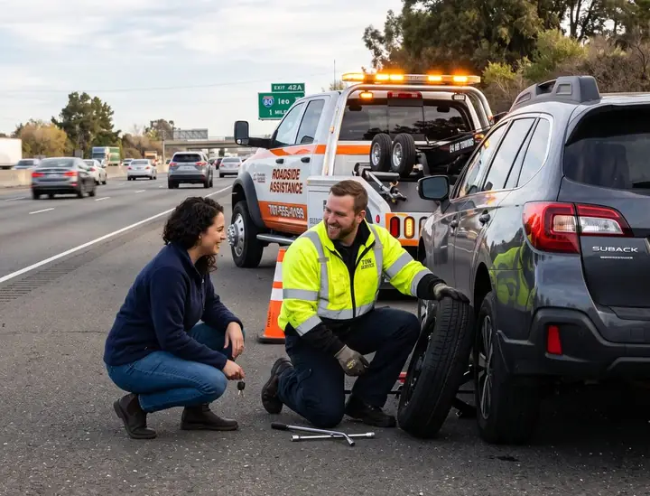 A tow operator in a safety vest helping a driver at the roadside