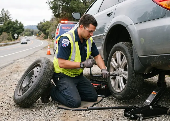 A technician fitting a spare onto a car with a flat tire